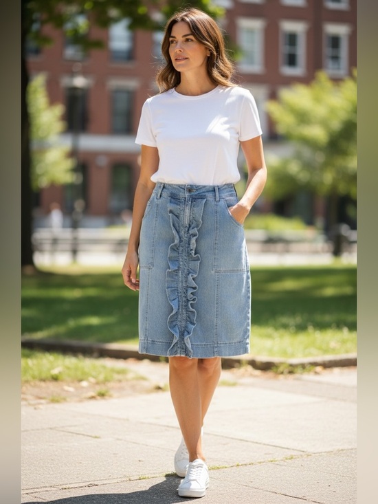 Ashley Stewart Dresses & Skirts - Ashley Stewart Light Blue Denim Ruffle-Front Midi Skirt